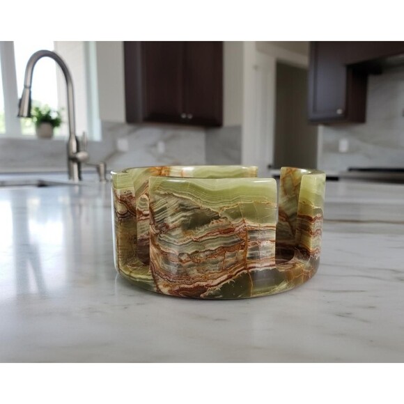 Green Onyx Coaster Set - 6 Natural Stone Coasters + Holder, Handmade Marble set - Picture 3 of 10